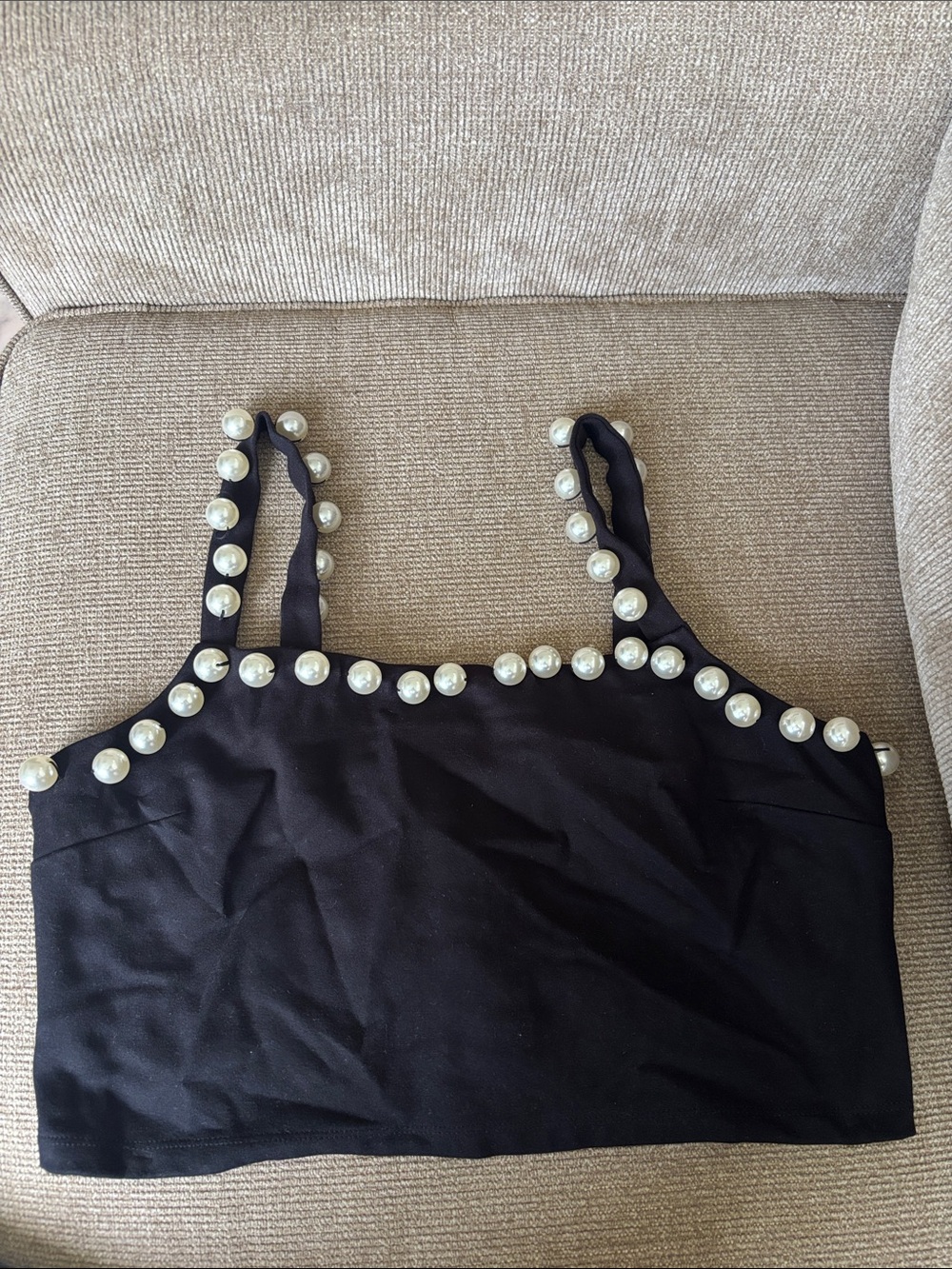 Black Sleeveless Crop Top with Faux Pearl Embellishments
